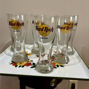 Hard Rock Cafe Clear Pint Glasses with Yellow and Brown Logo (Set)